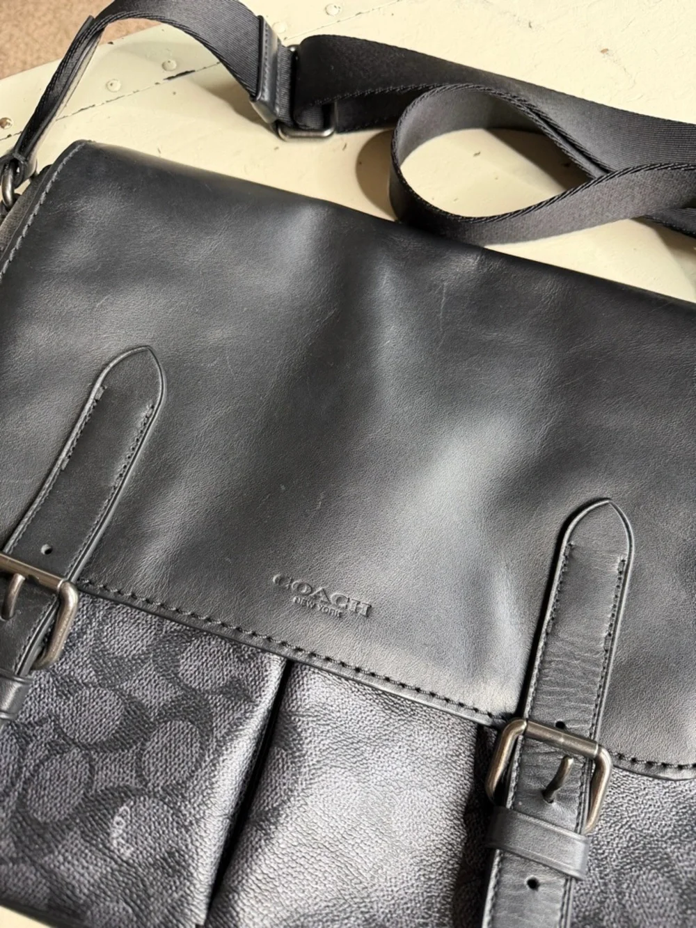 COACH Black‎ Gray Signature Canvas and Leather Messenger Bag Metropolitan Canvas